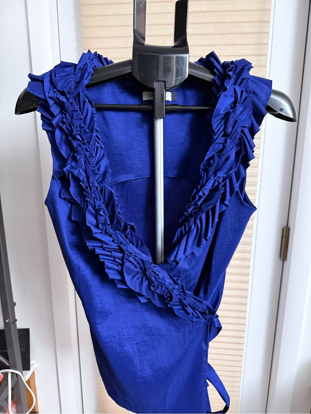 Royal Blue cascading Ruffle deep V-neck sleeveless wrap blouse adjustable tie